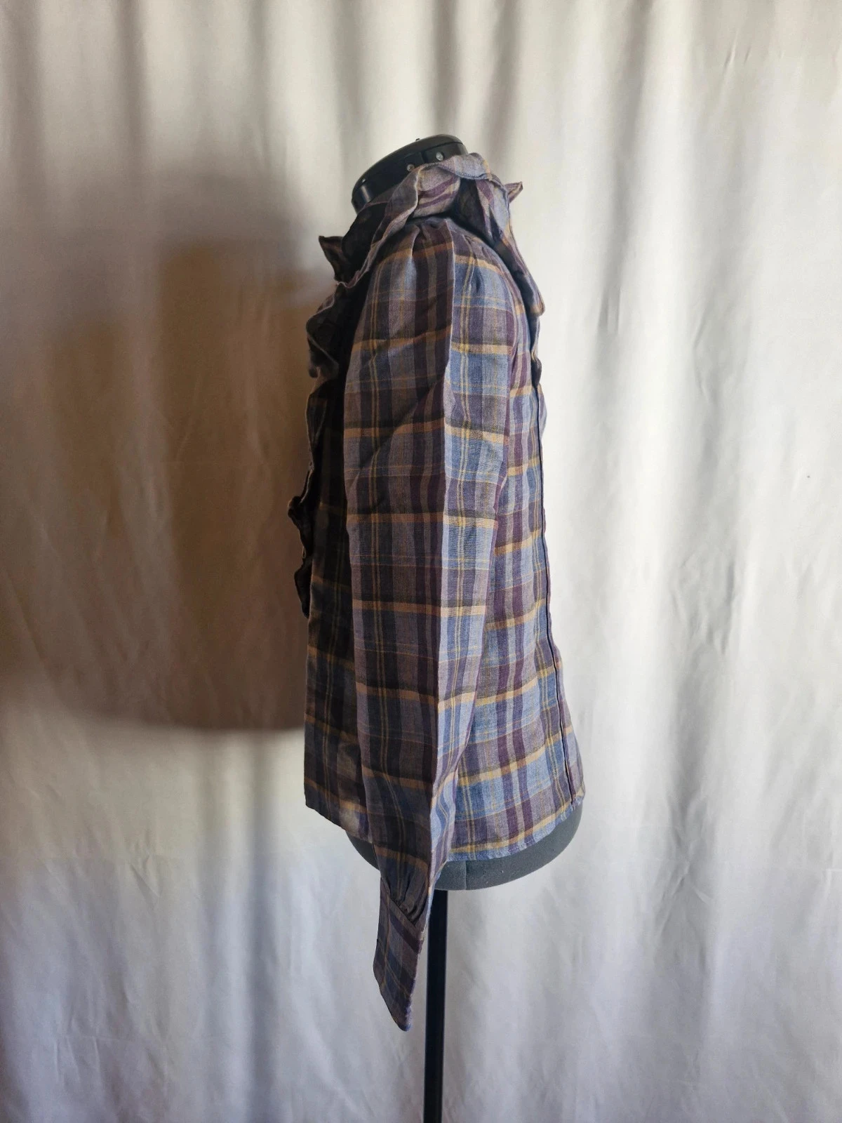 Sézane Violet Blue Checked Shirt Blouse 34 100% Linen with Ruffle – photo 2